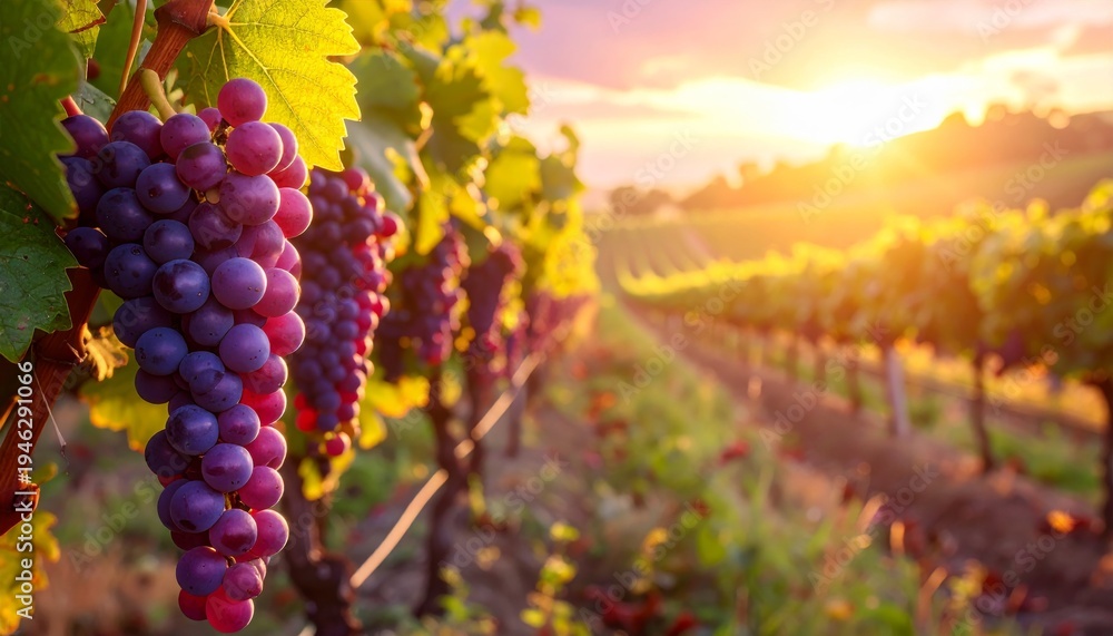 Naklejka premium A cluster of ripe purple grapes hangs from a leafy vine in a sun-drenched vineyard during the autumn harvest at a traditional winery