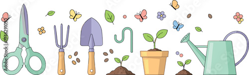 Cute gardening tools collection with scissors rake shovel watering can and plant pots spring garden vector illustration set