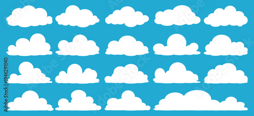 set of vector illustrations of clumpy clouds, cloud bubbles in flat style on a blue background