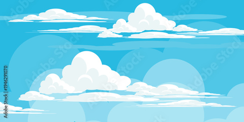 Illustration of a blue sky with white clouds in a flat style. Blue sky background and white clouds. Cartoon sky	
