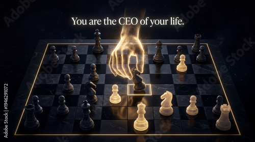 A glowing golden hand strategically moving pieces on a dark obsidian chessboard, with a typography quote about boundaries and being the CEO of your life.