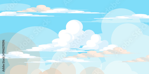 Illustration of a blue sky with white clouds in a flat style. Blue sky background and white clouds. Cartoon sky	
