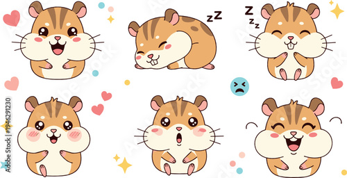 Cute hamster cartoon characters with different emotions funny kawaii pet rodent mascot vector illustration set