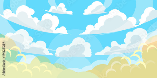 Illustration of a blue sky with white clouds in a flat style. Blue sky background and white clouds. Cartoon sky	
