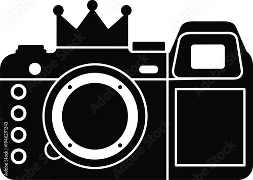 Professional Digital SLR Camera Icon Silhouette with a Royal Crown on Top for Photography Branding Luxury Photo Contest Awards and Creative Media Studio Logos