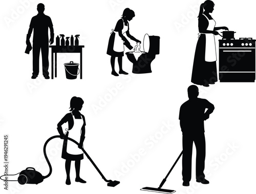 Professional domestic cleaning silhouettes set featuring housekeepers vacuuming floors, mopping, cooking on a stove, cleaning toilets, and organized janitorial supplies for home service designs.