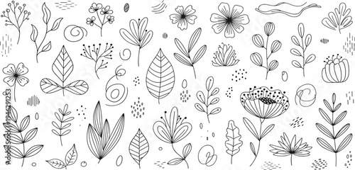 Elegant hand-drawn botanical vector set featuring various outlined floral elements, decorative leaves, and delicate abstract flower doodles for natural design projects