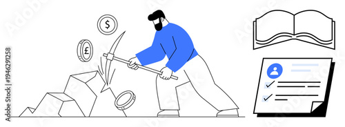 Man striking rock to release currency symbols with pickaxe, alongside open book and checklist document. Ideal for finance, personal growth, career, learning, wealth, investment business. Simple flat