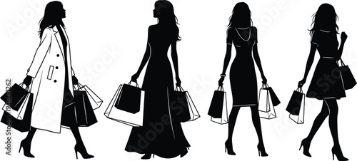 Cad drawing flat vector illustration of fashionable women silhouettes carrying shopping bags, wearing high heels, dresses, and elegant winter coats.