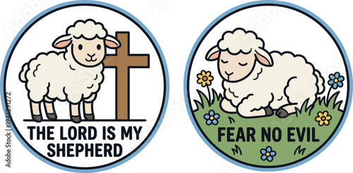 Adorable cartoon sheep illustrations expressing deep faith and spiritual comfort, depicted with a cross and peacefully resting in a serene grassy field.