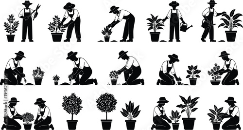 Professional gardening silhouettes set featuring male and female gardeners planting flowers, watering potted plants, pruning shrubs, and landscaping for organic horticulture and farming designs.