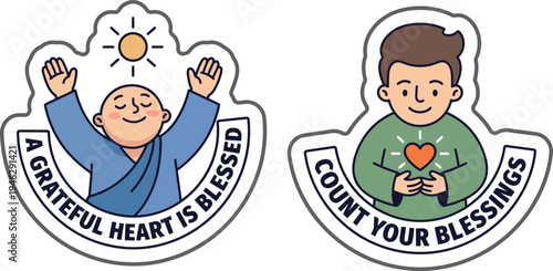 Adorable cartoon illustrations of individuals expressing profound faith through gratitude, celebrating blessings with uplifting messages.