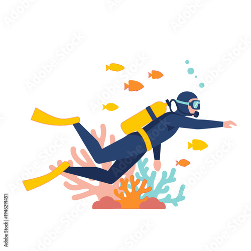 Scuba diver swimming underwater with colorful fish and coral reef