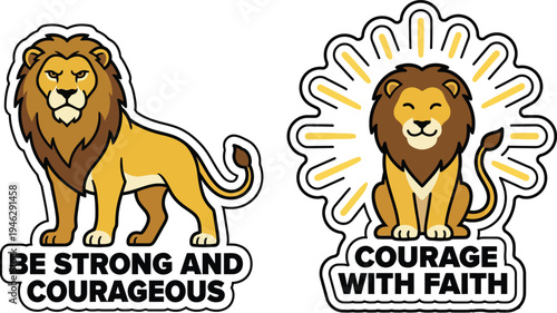 Adorable cartoon lions illustrating strength, courage, and steadfast faith, presented as motivational graphic stickers with inspiring messages.
