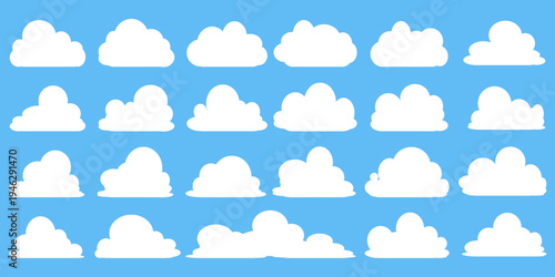 set of vector illustrations of clumpy clouds, cloud bubbles in flat style on a blue background