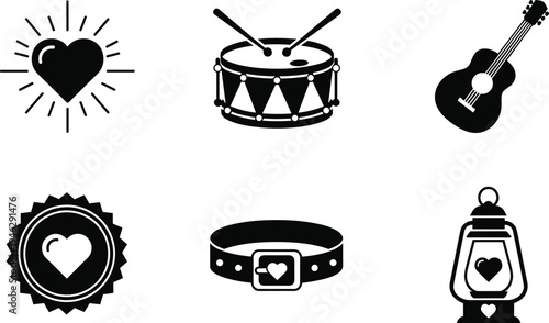 Set of black silhouette icons featuring heart symbols musical instruments drum guitar and lantern vector illustration for creative design romantic themes and music branding