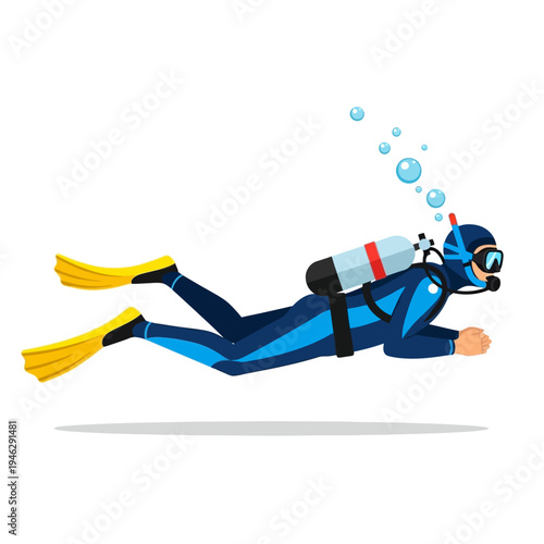 Scuba diver swimming underwater with bubbles, blue wetsuit, yellow fins, diving equipment