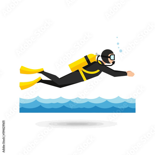 Scuba diver swimming underwater with yellow tank and fins, blue water background