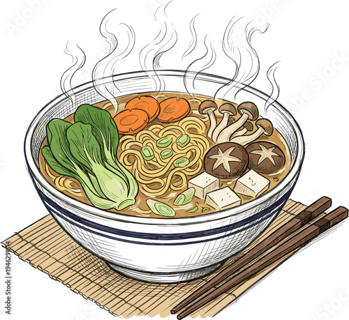 Delicious and steamy bowl of ramen noodle soup with fresh vegetables and mushrooms, perfect for a warm and satisfying meal