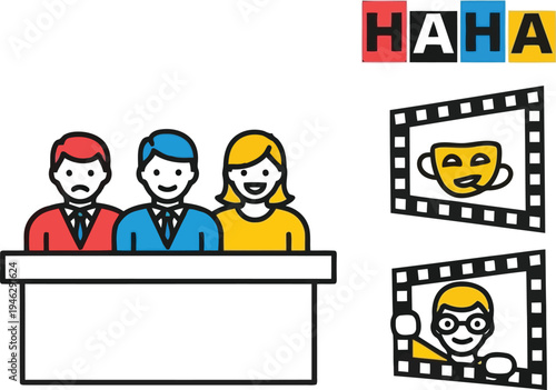 Comedy Club and Cinema Audience Icon Set with Film Strips and Performance Review Panel