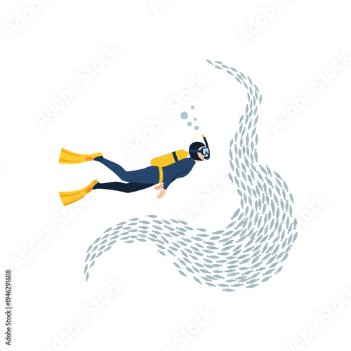 Scuba diver swimming with a large school of fish in clear blue water