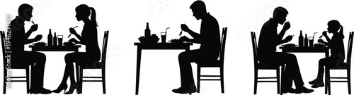 Cad drawing flat vector illustration of people silhouettes eating at a table including a couple, a single man, and family.
