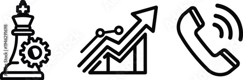 Business strategy icons featuring chess king with gear growth graph and telephone handset