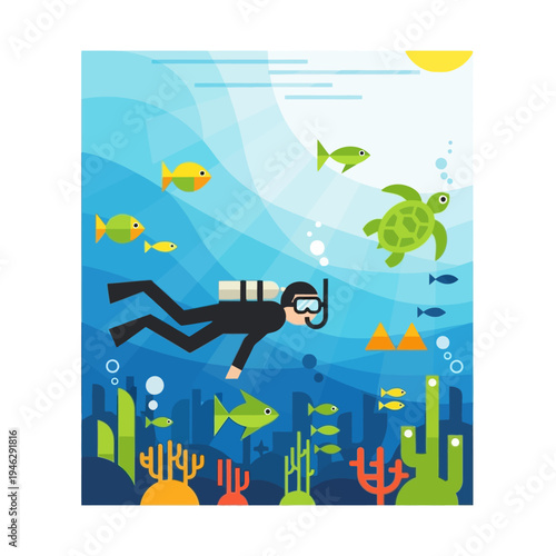 Scuba diver swimming with sea turtle and fish in colorful coral reef underwater