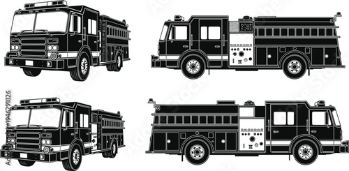 Set of fire truck vector illustrations featuring black and white silhouettes of emergency rescue vehicles and fire engines from side and perspective views.