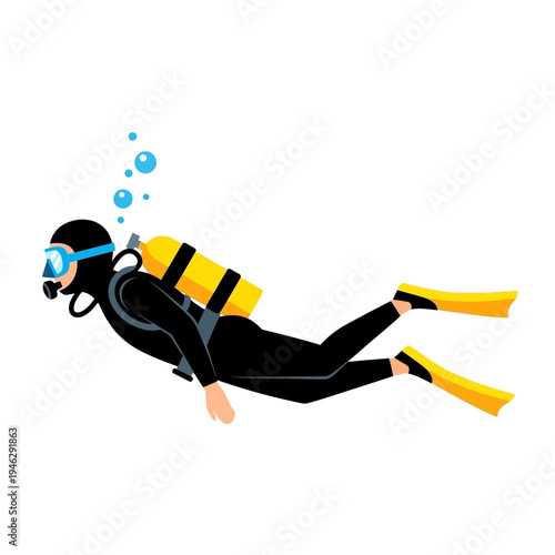 Scuba Diver Underwater Swimming with Yellow Tank and Fins, Bubbles