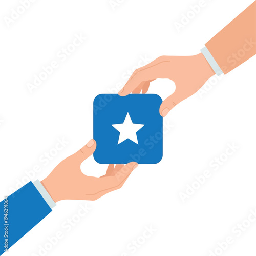 Hands Exchanging Blue Star Feedback Icon Representing Rating Quality and Success Concept