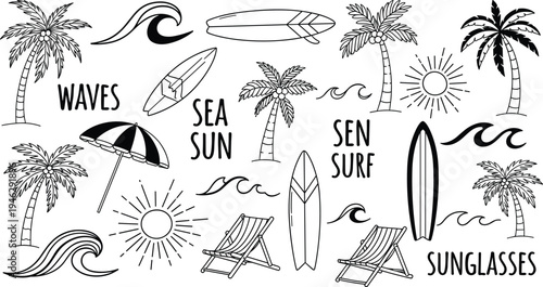 Cad drawing flat vector illustration of summer beach icons featuring palm trees, surfboards, ocean waves, sun, beach chairs, and umbrellas.