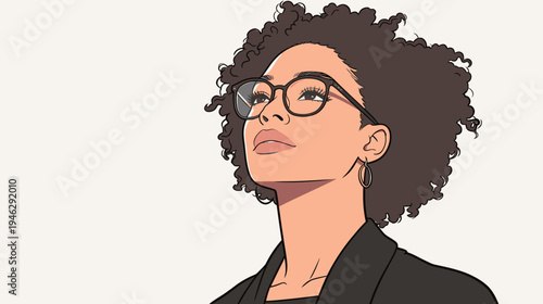 A woman with curly hair wearing glasses looks upwards. She shows an expression of thought and curiosity in a minimal setting.
