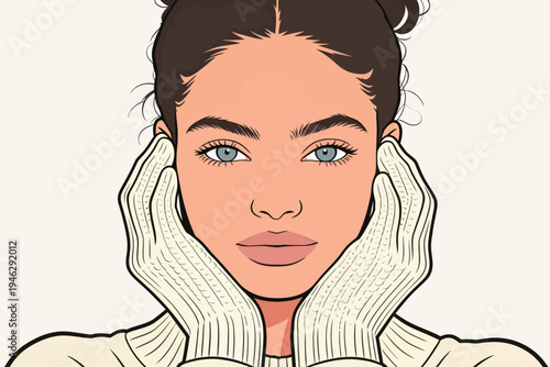 A woman stands with her hands on her face, wearing a warm sweater. She looks straight at the viewer with a neutral expression.