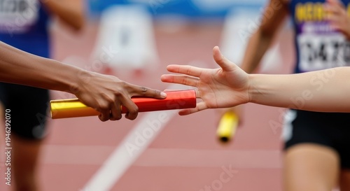 Two athletes pass a baton during a relay race. A runner extends their hand to receive the baton from a teammate.