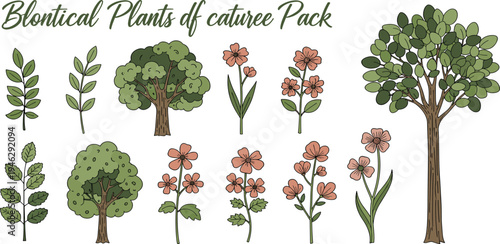 Charming hand-drawn botanical illustrations featuring diverse trees, leafy branches, and vibrant flowers, ideal for natural graphic design and digital art projects
