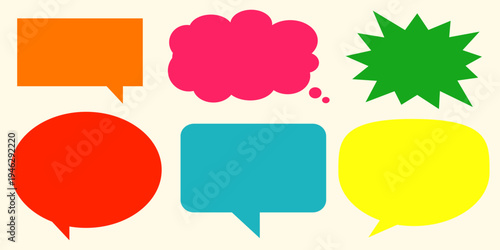 A simple design set of colorful message comment chat boxes. A collection of comic and social media speech bubbles, text boxes, and chat boxes. A vector set of comic and social media speech bubbles.