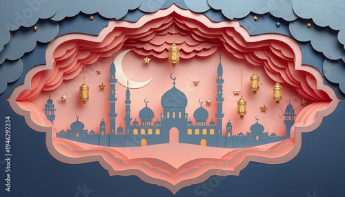 Ramadan Papercut Illustration with Mosque Silhouette and Lanterns