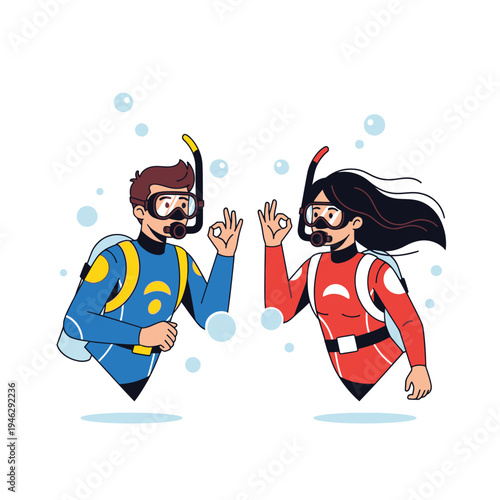 Scuba Divers Giving Okay Sign Underwater, Bubbles, Snorkeling Gear, Blue and Red Suits