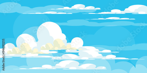 Illustration of a blue sky with white clouds in a flat style. Blue sky background and white clouds. Cartoon sky	
