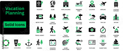 Silhouette vector of Vacation Planning icon set. Vacation Planning and Travel solid icon set. Contains symbols for Airplane, Passport, Hotel Building, and Vacation Schedule. Solid icons set.