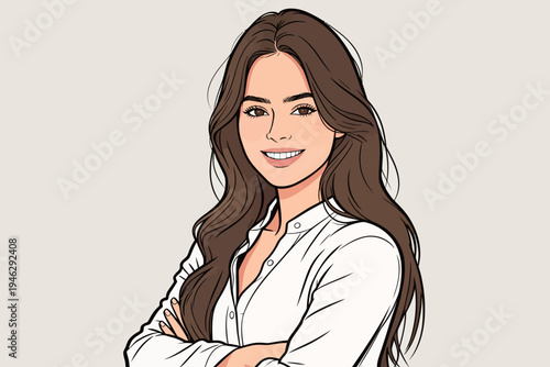 A young woman with brown hair smiles while standing with her arms crossed. She is wearing a white shirt. The background is light and simple.