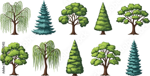 Set of Isolated Vector Tree Icons Featuring Weeping Willow Pine Spruce and Deciduous Oak Varieties for Landscape Design Nature Graphics and Eco Friendly Projects