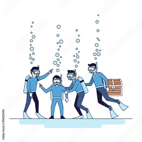 Scuba divers team discover treasure chest underwater, adventure and exploration concept