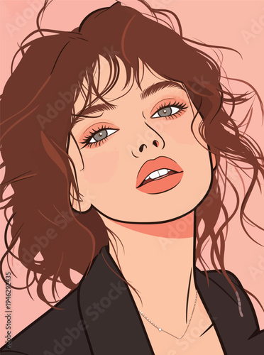 A young woman with curly hair looks at the viewer with a confident expression. Her lips are bold and her eyes are striking against a pink background.