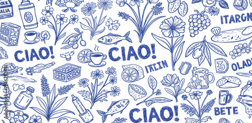 Charming hand-drawn pattern featuring a delightful mix of botanical elements, fresh produce, and friendly greetings, perfect for a vibrant background design