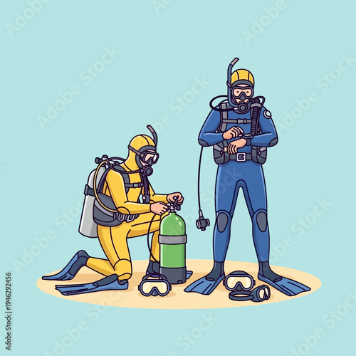 Scuba Divers Preparing for Underwater Adventure, Equipment Check
