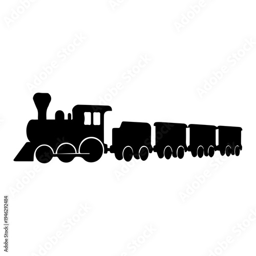 Black silhouette of a classic steam locomotive pulling a series of carriages, representing a journey through time and industry