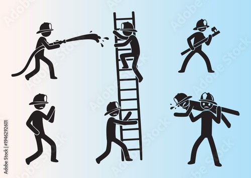 Cartoon firefighters performing rescue and fire operations illustration