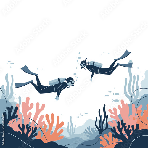 Two divers exploring a vibrant coral reef with fish and underwater plants